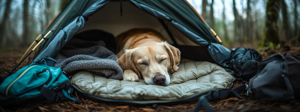 chien qui se repose dans une tente