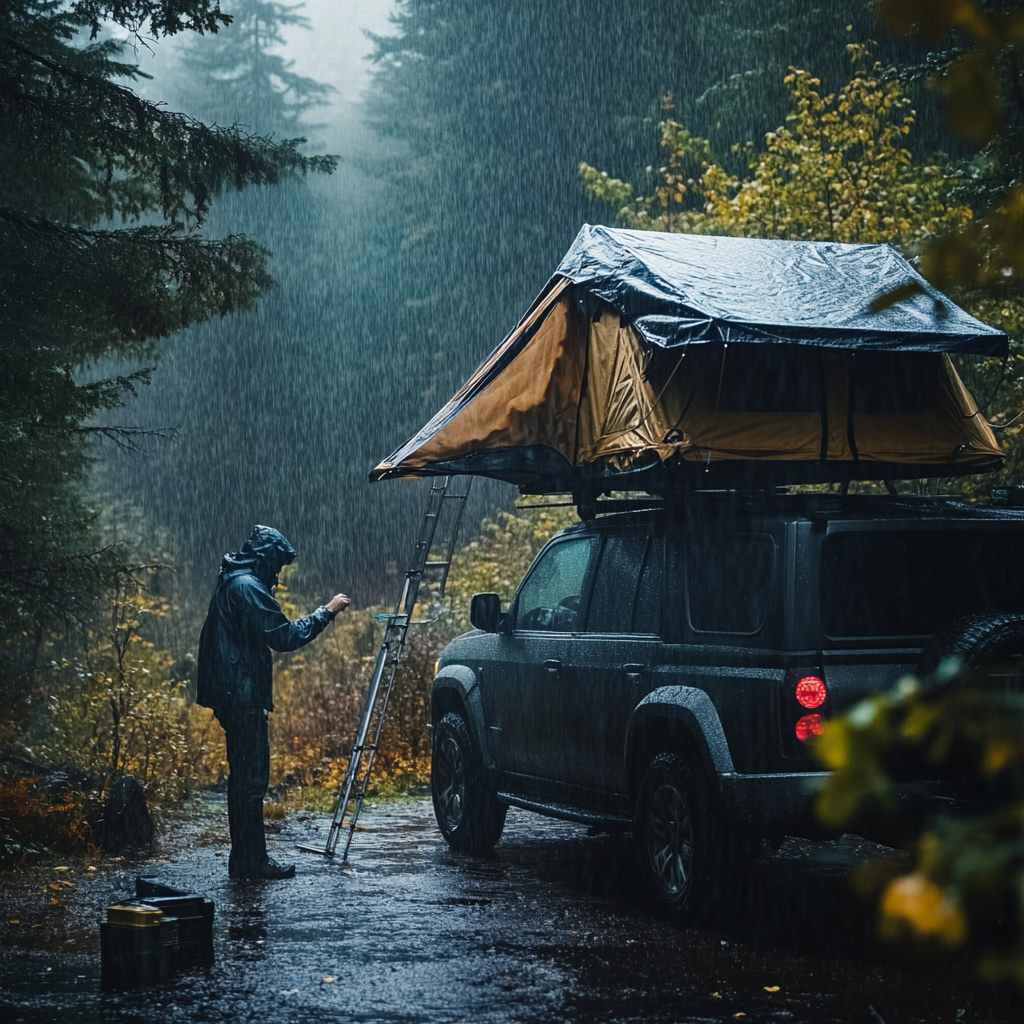 installation tente de toit sous la pluie