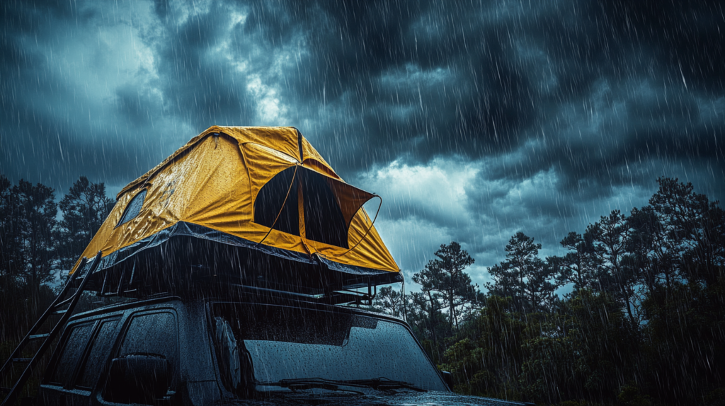 tente de toit sous la pluie