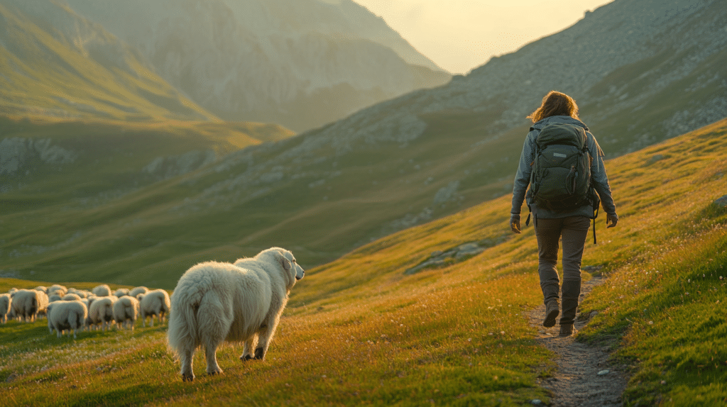 un patou qui escorte une randonneuse hors de son territoire